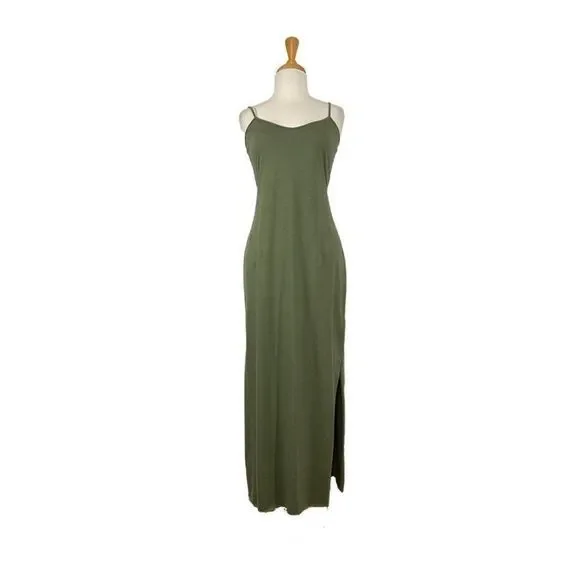 slim fit dress slacks A Chic Two-In-One Ensemble Featuring A Sleek Olive Green Slip Dress